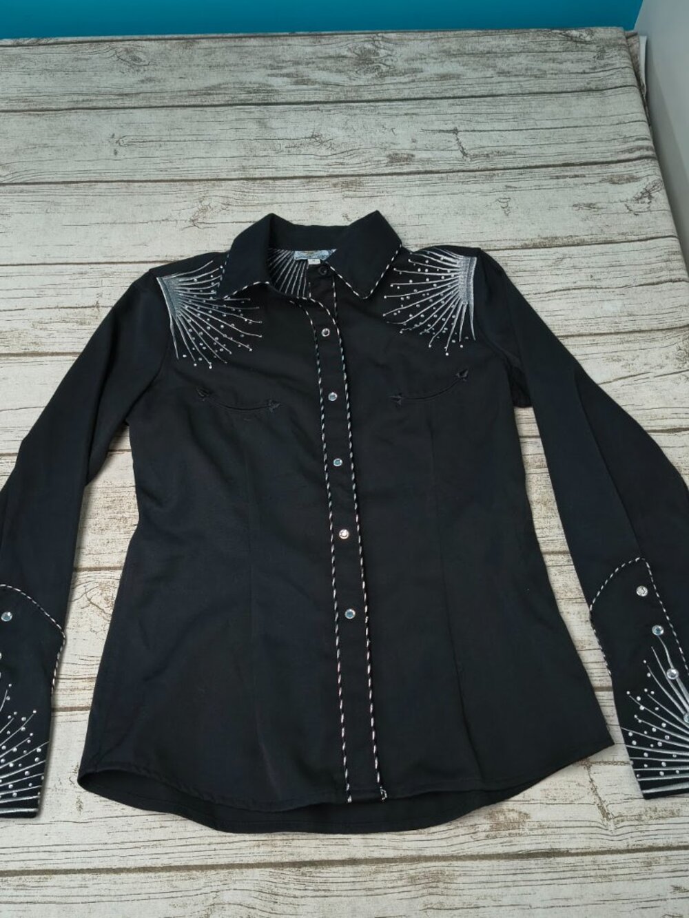 Panhandle Slim Retro Western Show Shirt Black Metallic Rhinestone Starburst M